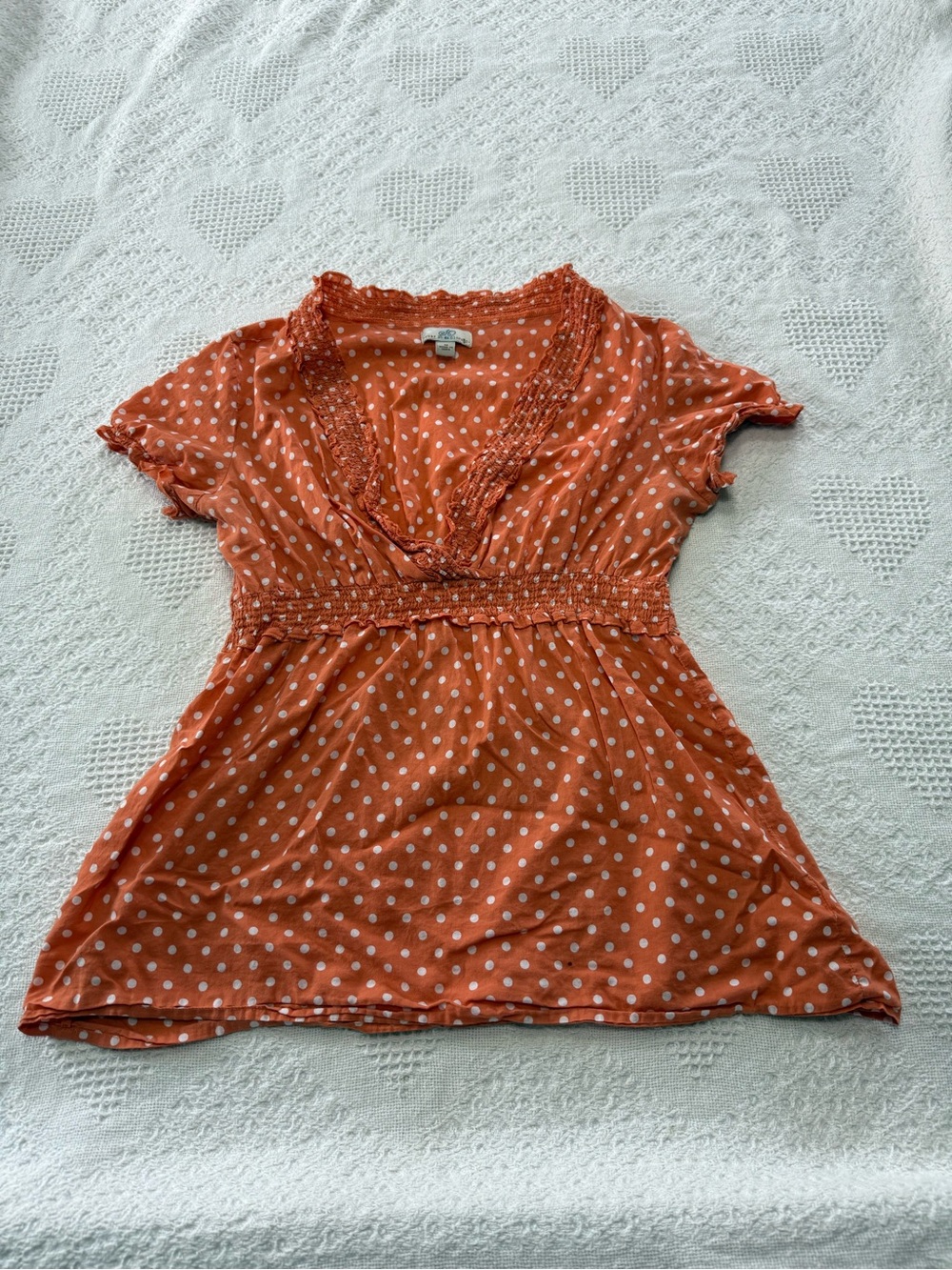 Y2K SO Orange and White Polka Dot V Neck Top (M)